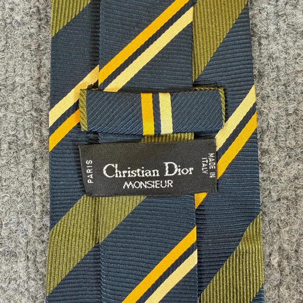 Christian Dior Monsieur Silk Tie Navy Blue Olive Green Yellow Striped Italy